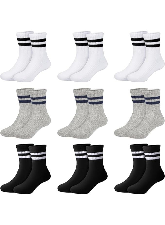 ChicAbode Kids Socks 9 Pairs, Sports Cushioned Crew Socks for Boys Girls, Black White Grey Striped Cotton School Athletic 7-10 Years - Image 1